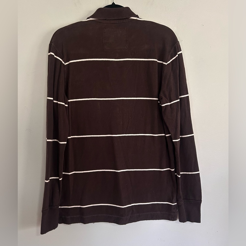 American Eagle Rugby Polo Shirt Brown Stripe Applique 2 Varsity Y2K Preppy M - Picture 3 of 4